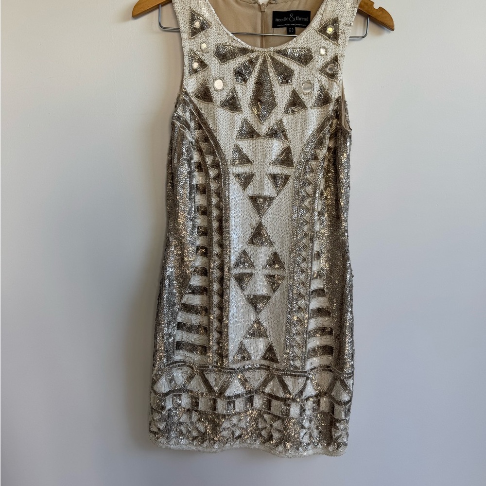 Needle & Thread Geometric Sequin Mini Dress in Silver and Cream